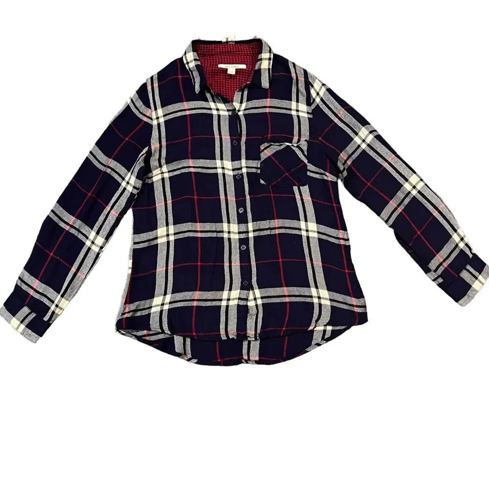 Miami Women's Blue & Red Plaid Pattern Button-Up Long Sleeve Shirt Size Small